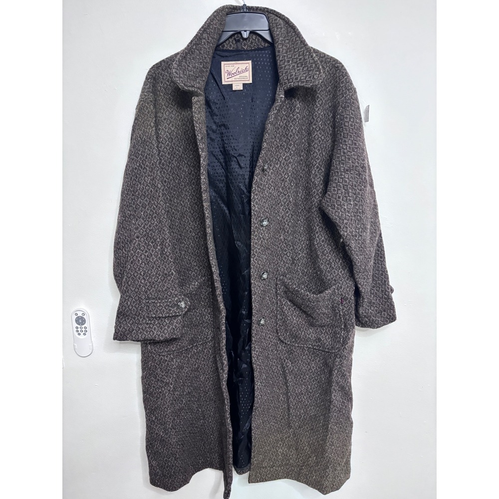 Woolrich Womens Brown Wool Blend Diamond Weave Long Coat Made in USA Large